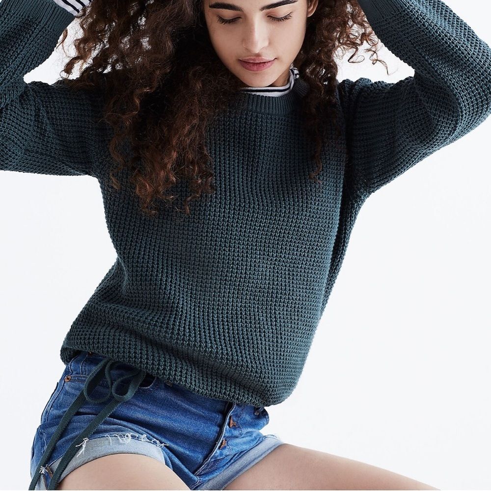 Madewell Waffle Stitch Sweater XS Green Drawstring Hem Crewneck Pullover Cozy